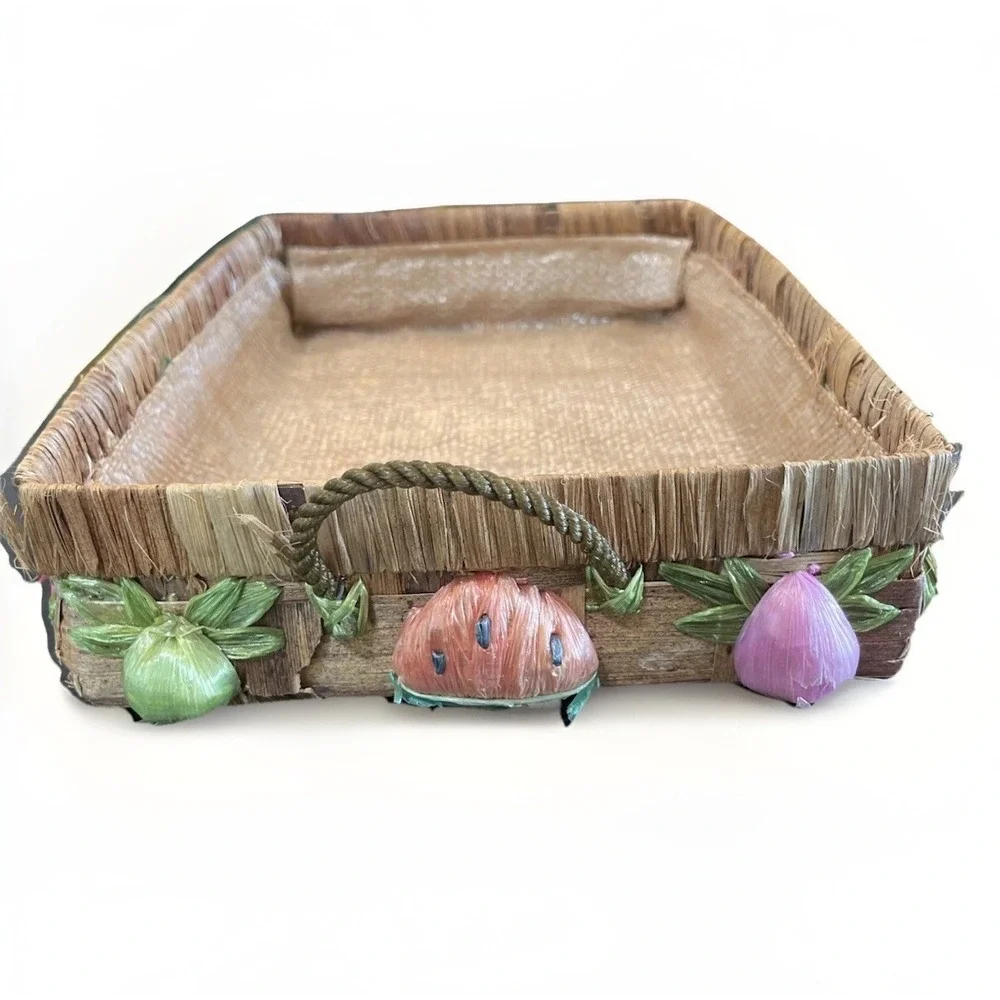 Vintage Rattan Straw Serving Basket Casserole Carrier Raffia Fruit Design